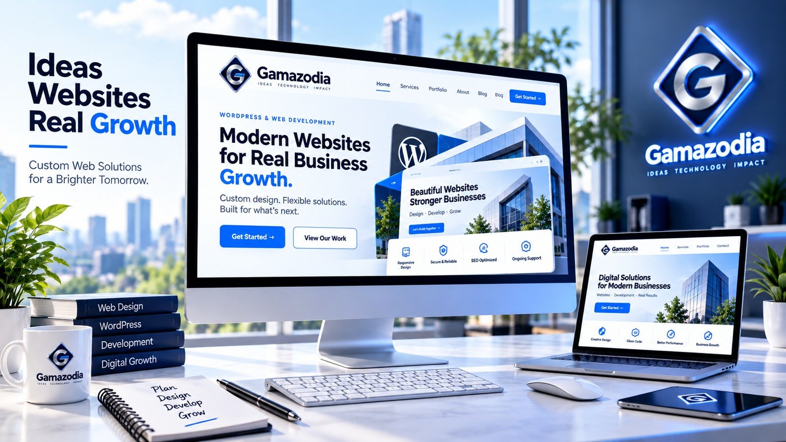 Gamazodia WordPress and web development workspace showcasing modern website creation tools and business growth